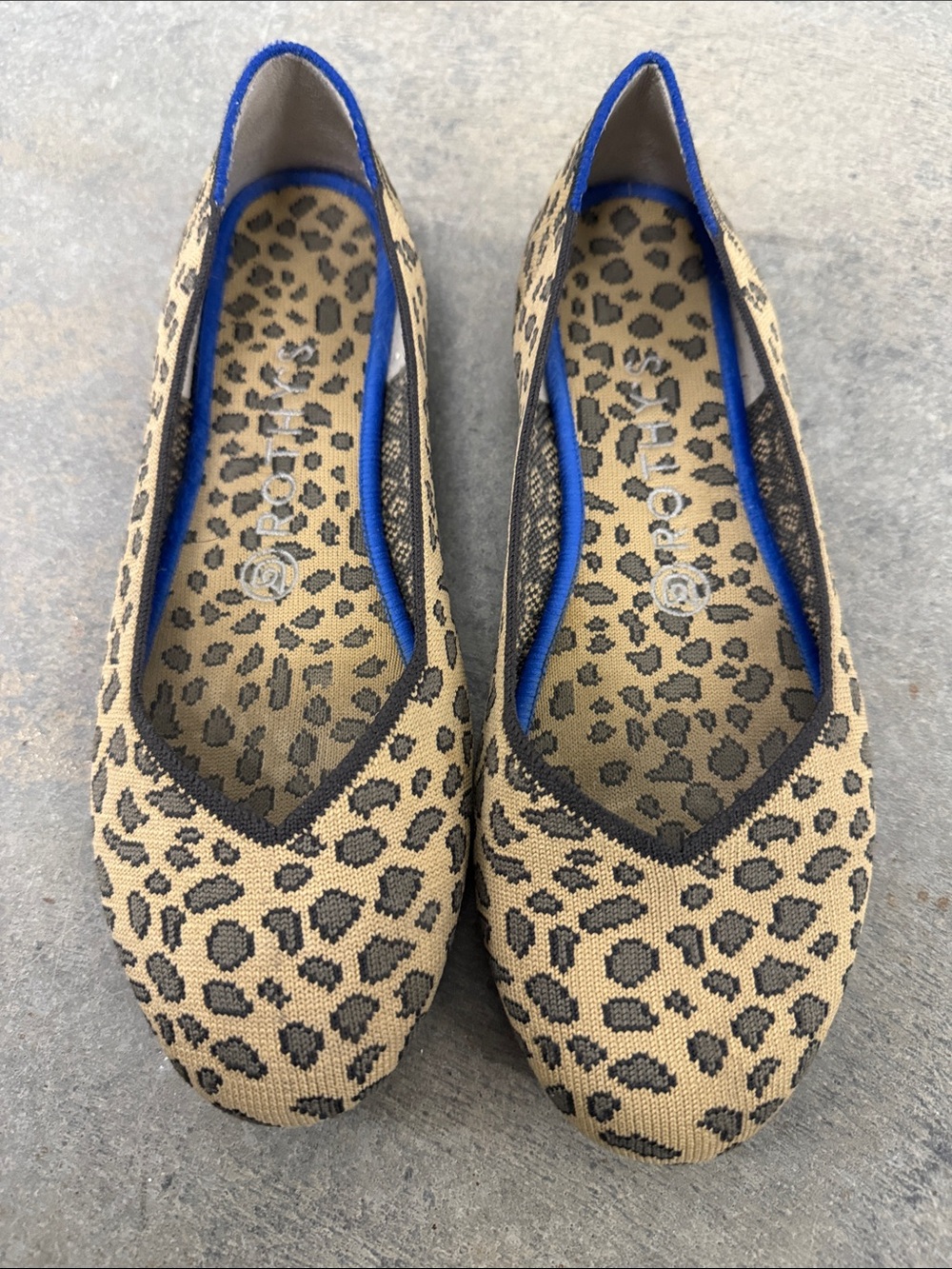 Rothy's Leopard Print Ballet Flats in Tan with Blue Trim